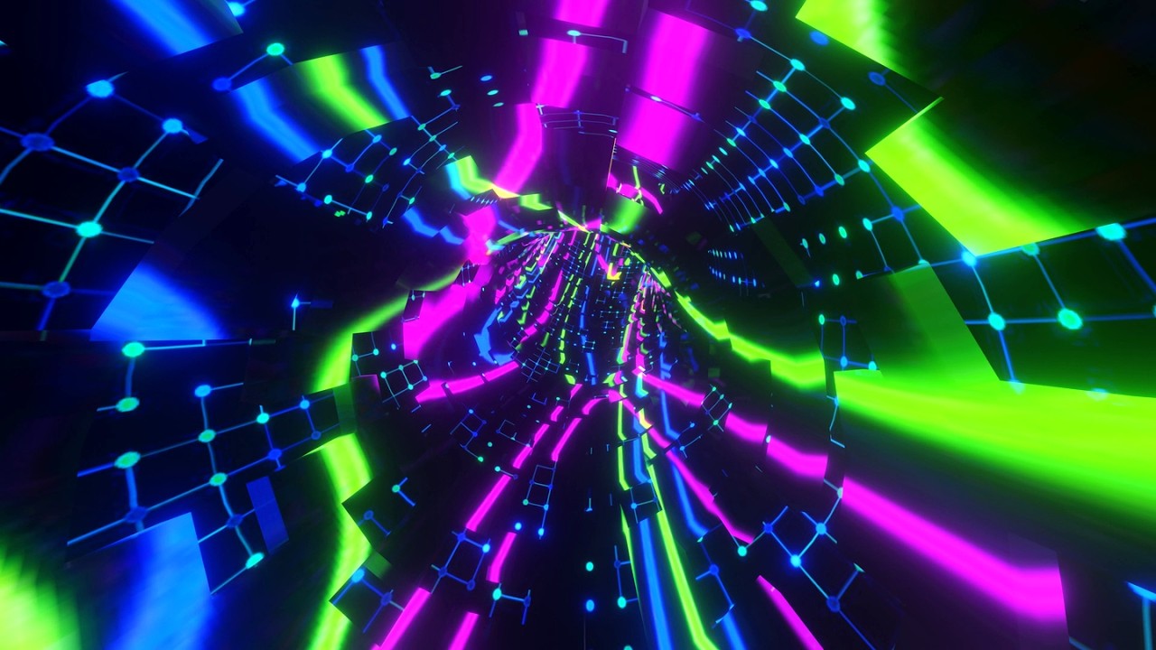 4K Abstract Trippy Blue , Green & Pink Neon Wave Light Tunnel Black Screen Relaxing Background Video