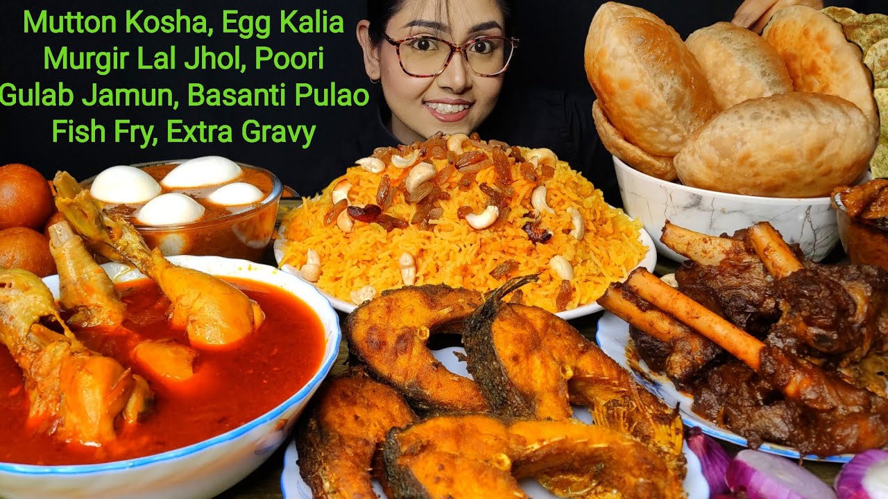Eating Murgir Lal Jhol, Mutton Curry, Egg Kalia, Fish Fry, Poori | Big bites | Asmr Eating | Mukbang