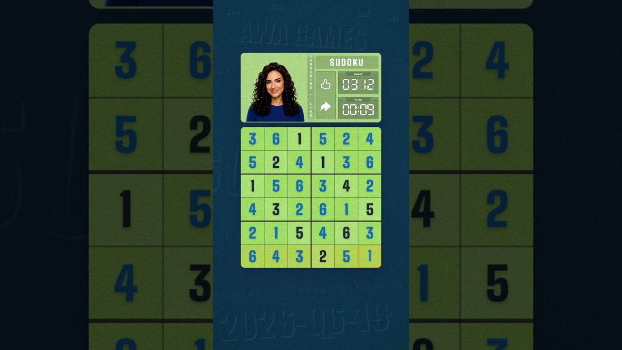 LinkedIn Mini Sudoku #312 solved board for June 19, 2026, 6x6 grid