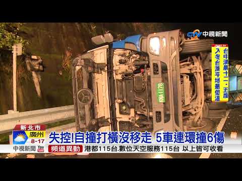 失控!自撞打橫沒移走 5車連環撞6傷│中視新聞 20171209