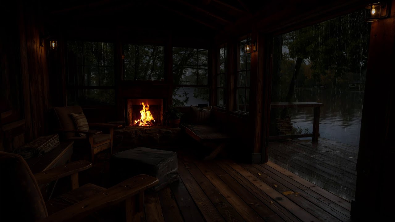 Crackling Fireplace with Rain Sounds 🍁 Cozy Autumn Cabin Porch by the ...