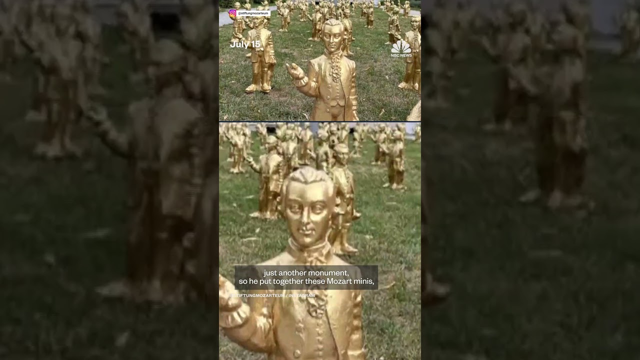 Mini golden statues of Mozart and his dog are on display for the late composer’s 270th birthday Mini golden statues of Mozart and his dog are on display for the late composer’s 270th birthday