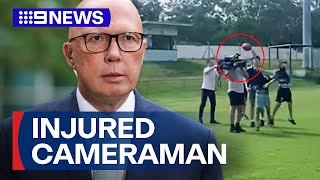 Peter Dutton's botched footy kick accidentally injures cameraman | 9 News Australia