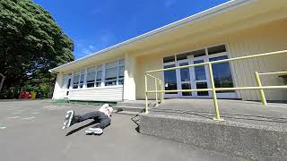 Inline skater grinds rail then falls off and faceplants on stairs