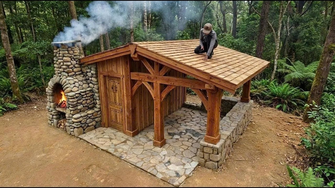 Man Spent 15 Days to Build a House of STONES and LOGS in the Forest. From start to finish.