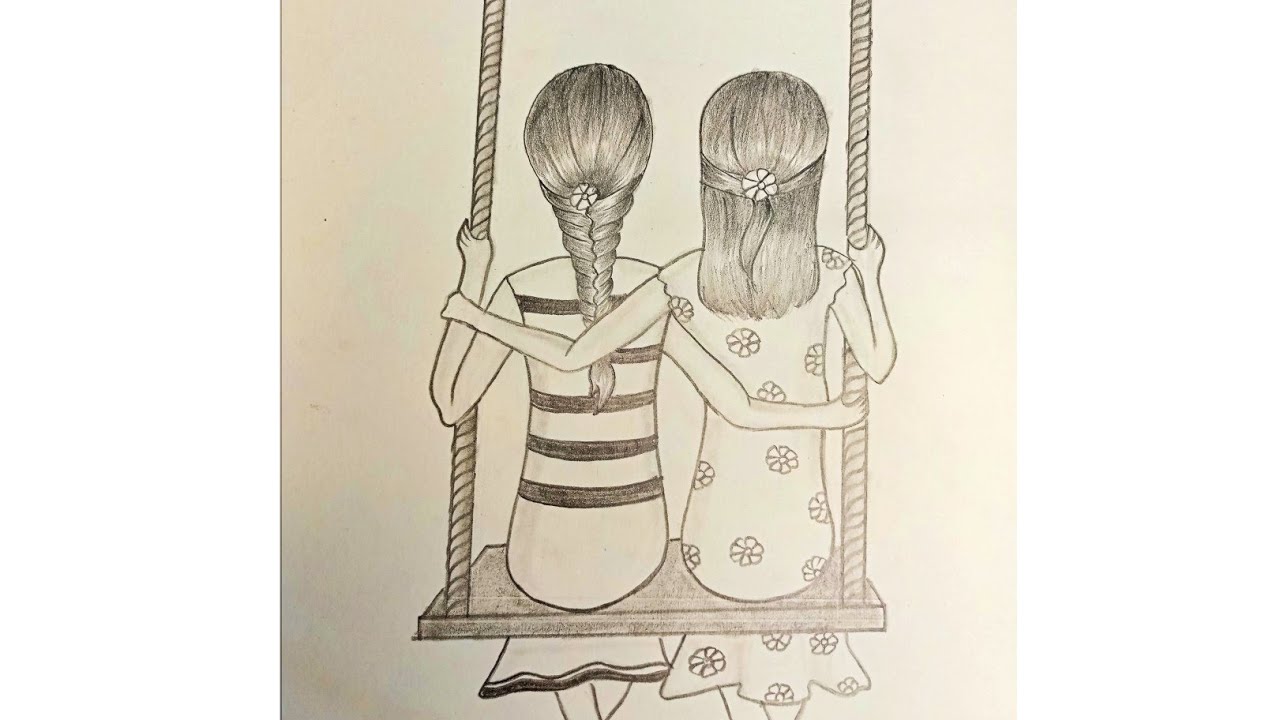 how to draw two friends sitting on a swing. - YouTube