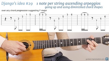 Django Reinhardt lick #29 : 1 note / string ascending arpeggios going up and using dim chord shapes