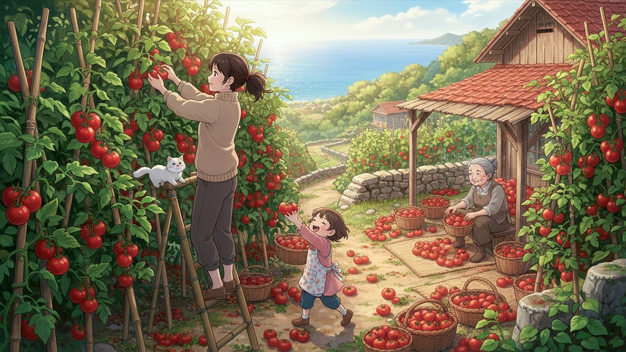 Harvesting Tomatoes & Chili Peppers — Cooking a Hearty Meat Soup | Ghibli-Style ASMR