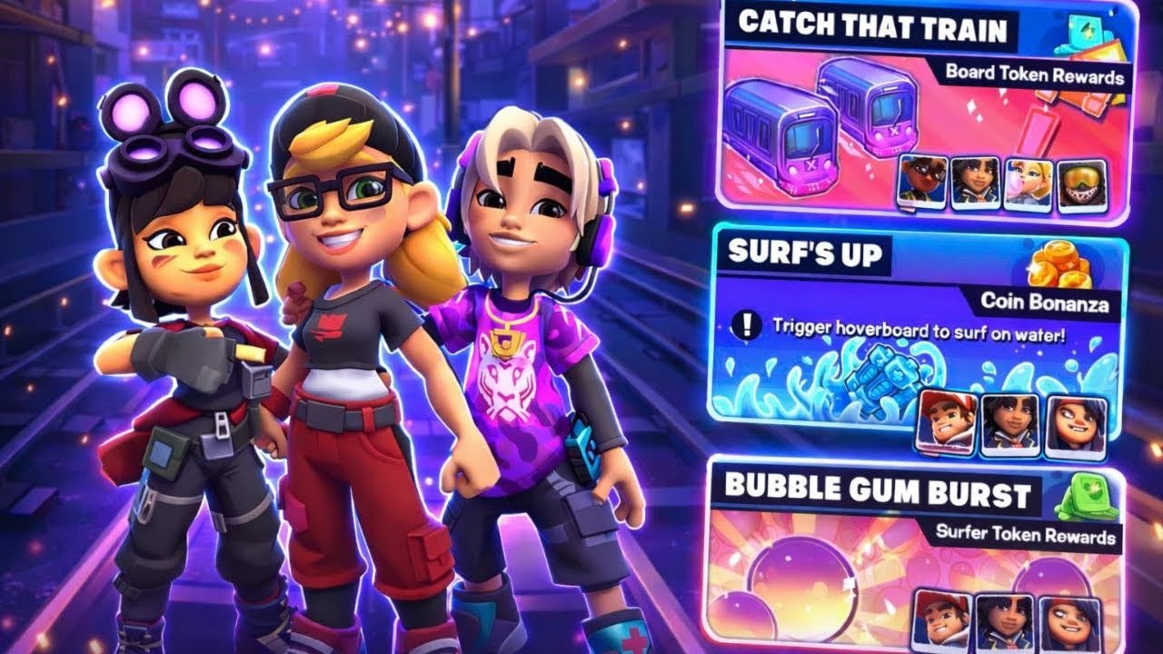 Subway surfers city Gameplay #48 CATCH THAT TRAIN/SURF'S UP/BUBBLE GUM BURST