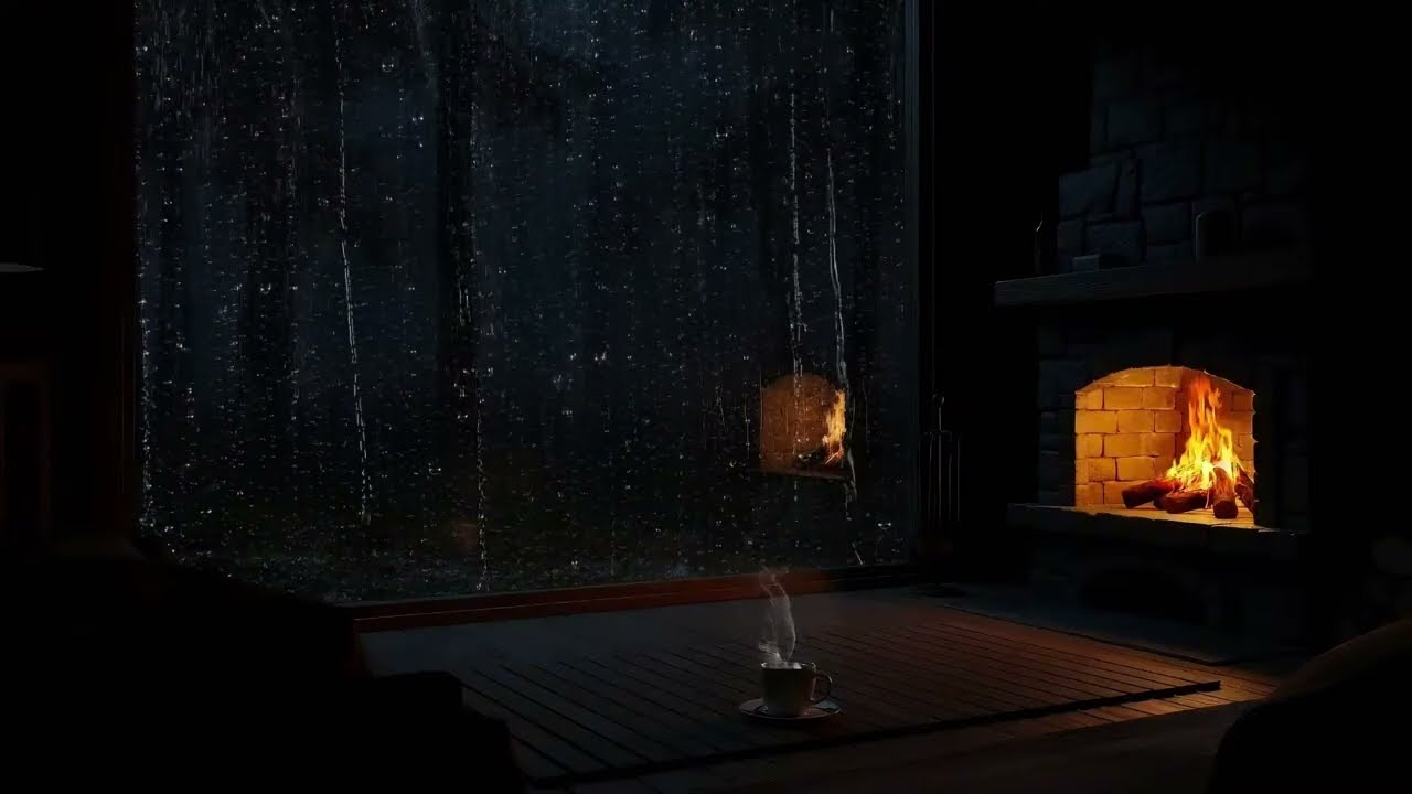 Cozy Cabin Ambience - Heavy Rain & Crackling Fireplace Sounds for Deep Sleep (8 Hours)