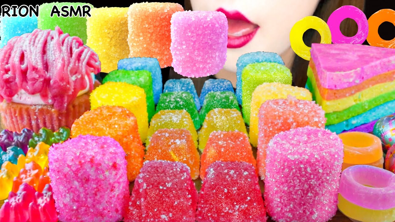 【ASMR】RAINBOW DESSERTS🌈CRUNCHY MARSHMALLOW,CRUNCHY KANTEN JELLY,BEAR GUMMY MUKBANG 먹방 EATING SOUNDS
