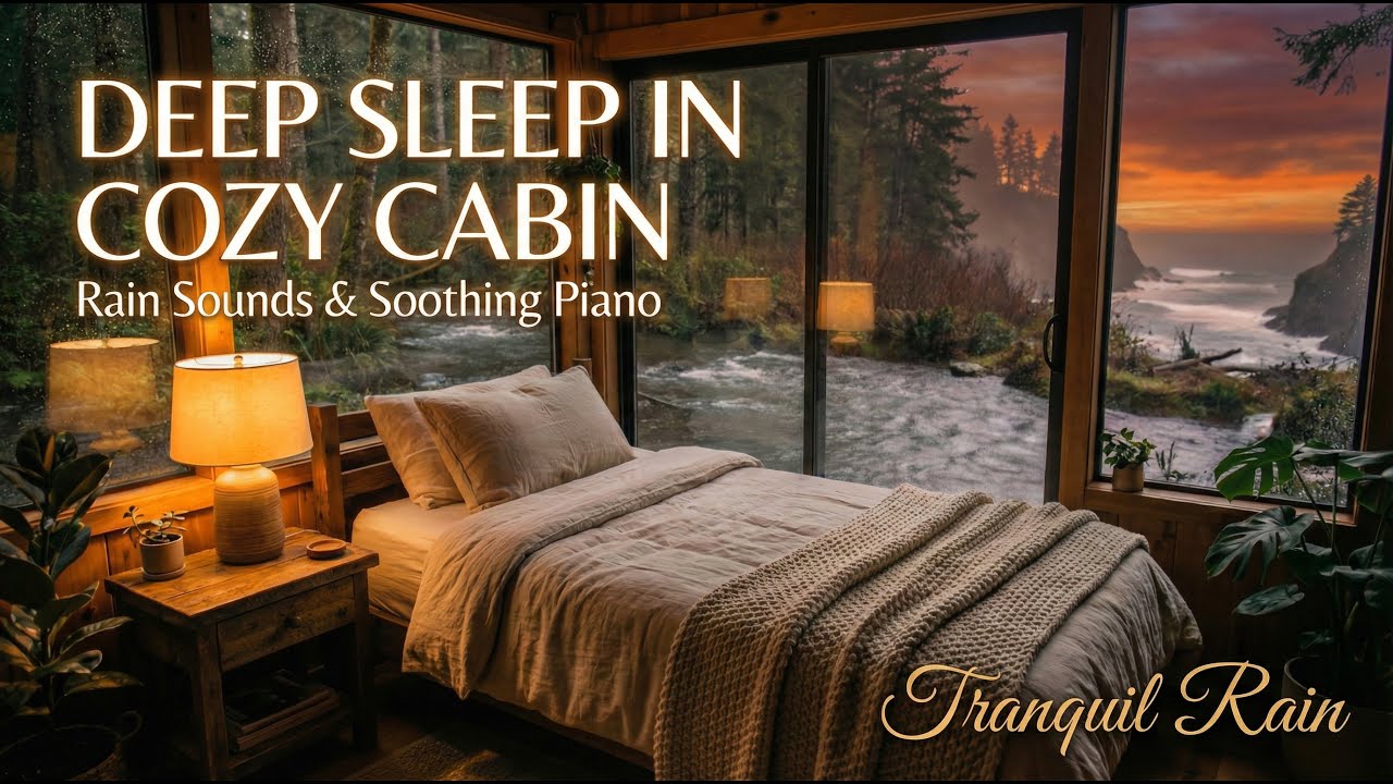 Deep Sleep in Cozy Cabin | Rain Sounds & Soothing Piano at Sunset