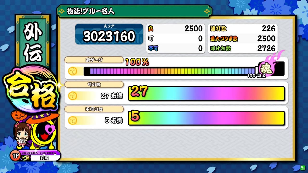 【太鼓の達人ニジイロver.】段位道場「外伝」復活!ブルー名人 全良/虹枠金合格