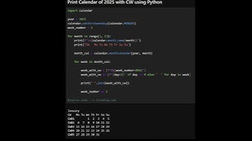 Print Calendar of 2025 with CW using Python #ai #python #datascience