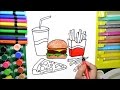 Draw Color Paint Burger, Pizza, French Fries Coloring Page and Learn Colors for Kids