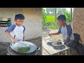 Adorable countryside boy cook food , Rural life village of little chef Heng