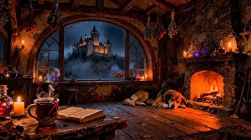 Halloween Cozy Cabin Ambience: 10 Hours of Relaxing Fireplace & Rain 🌧️🔥