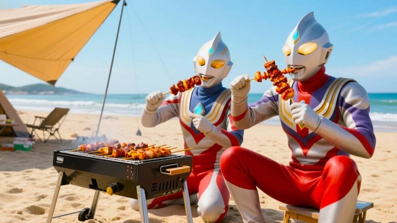 赛罗在海边给奥特战士做烤串，却被小猫偷吃了！这下奥特战士没有吃的啦！【九九动漫】