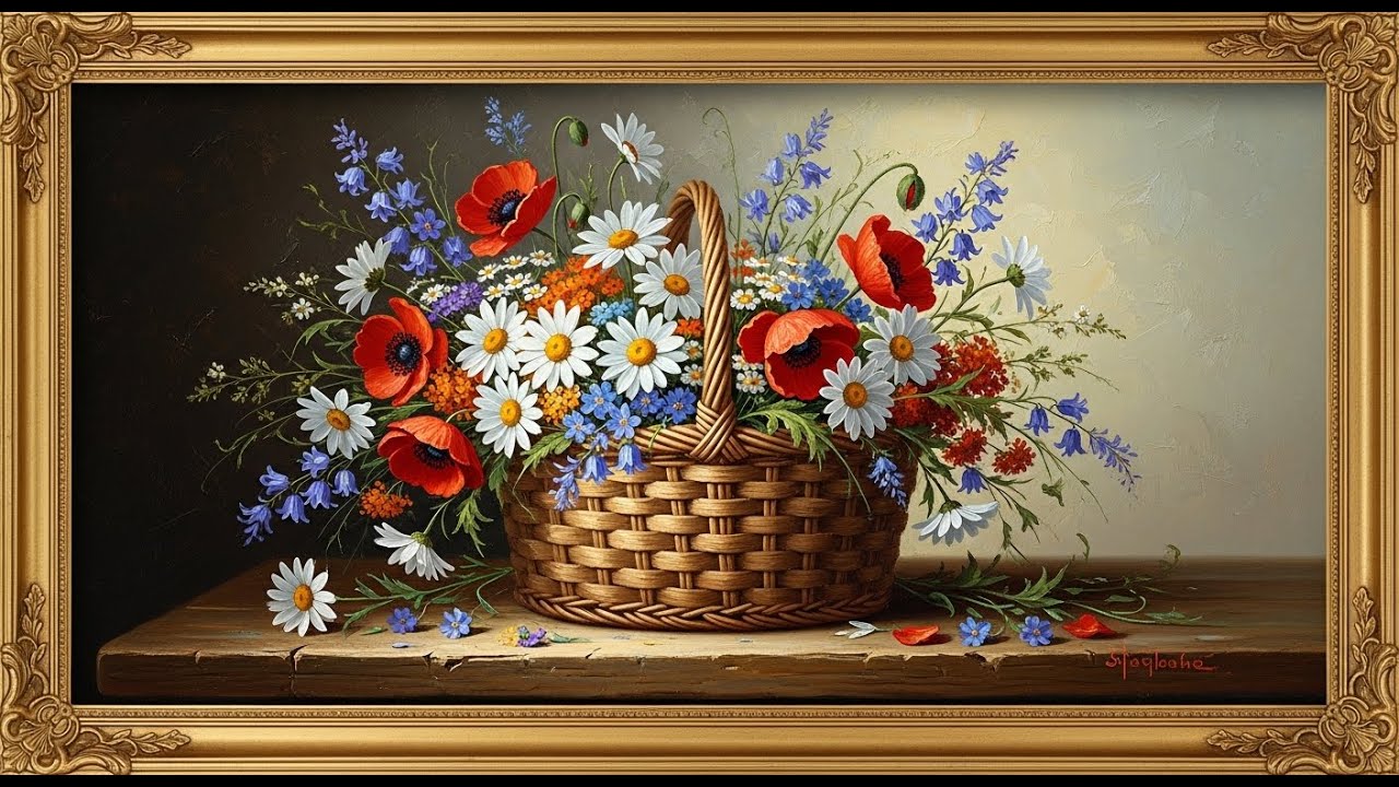 Summer Meadow Bouquet in Wicker Basket | 4K Digital Canvas | Farmhouse Still Life Art