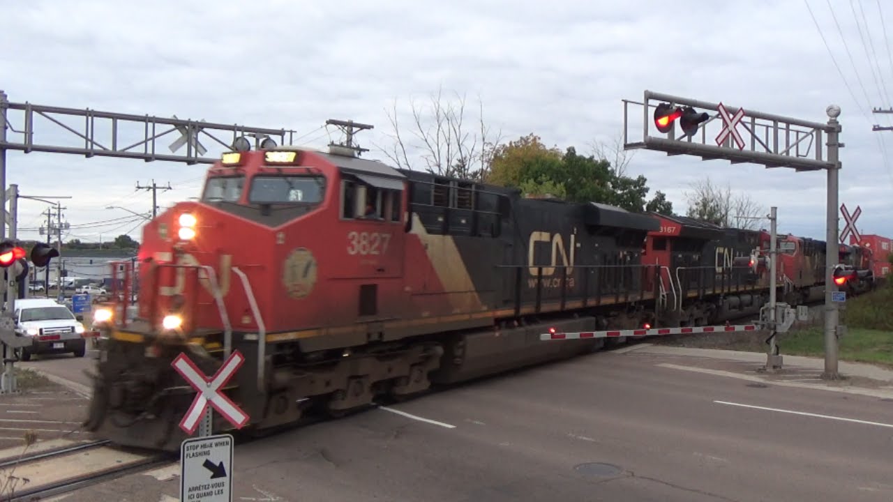 Friendly Horn Toot! Four Engines Lead Stack Train CN 120 out of Moncton ...