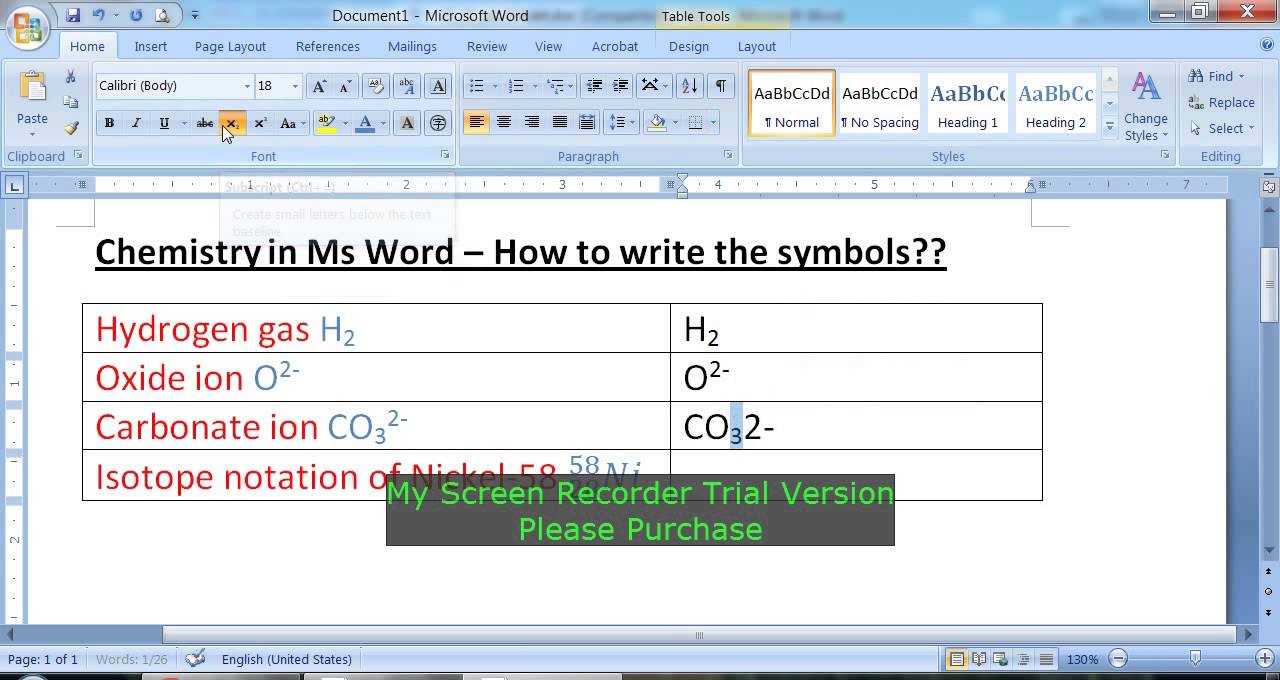 How to write chemical symbols with Ms Word - YouTube