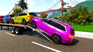 Flatbed Trailer Cars Transportation with Truck Speed bumps vs Car #16 - BeamNG Drive