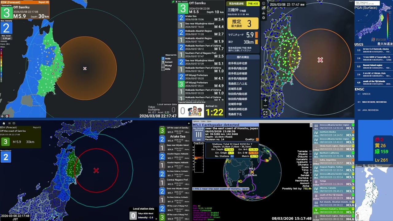 M5.5 and M6.0 Earthquakes strike off the coast of Sanriku - Shindo 3, March 8, 2026