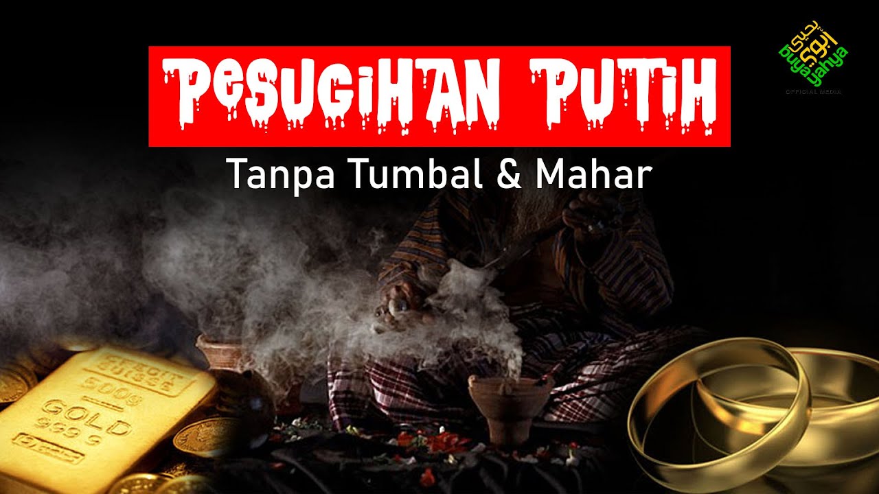  A black background with red text that reads 'Pesugihan Putih Tanpa Tumbal & Mahar' with an image of a person in a black robe performing a ritual with smoke and gold coins in front of them.
