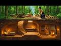 Building an Amazing Underground House by Herself in the Forest (ASMR)