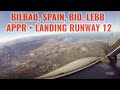 Bilbao airport, Spain: Approach + landing runway 12. BIO / LEBB. Airbus A320 cockpit view.  ATC+ATIS