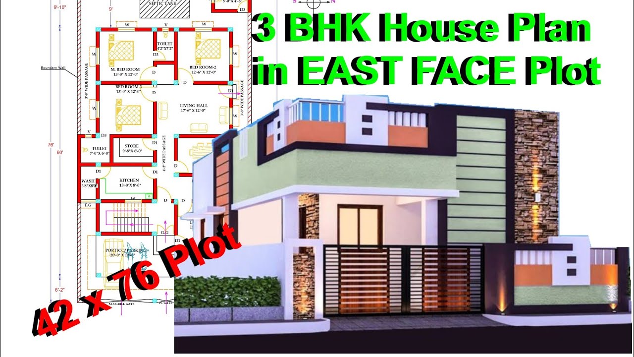 Rk Home Plan: 3 Bhk East Face House Plan In 42 Feet X 76 Feet Plot As Per  Vastu.