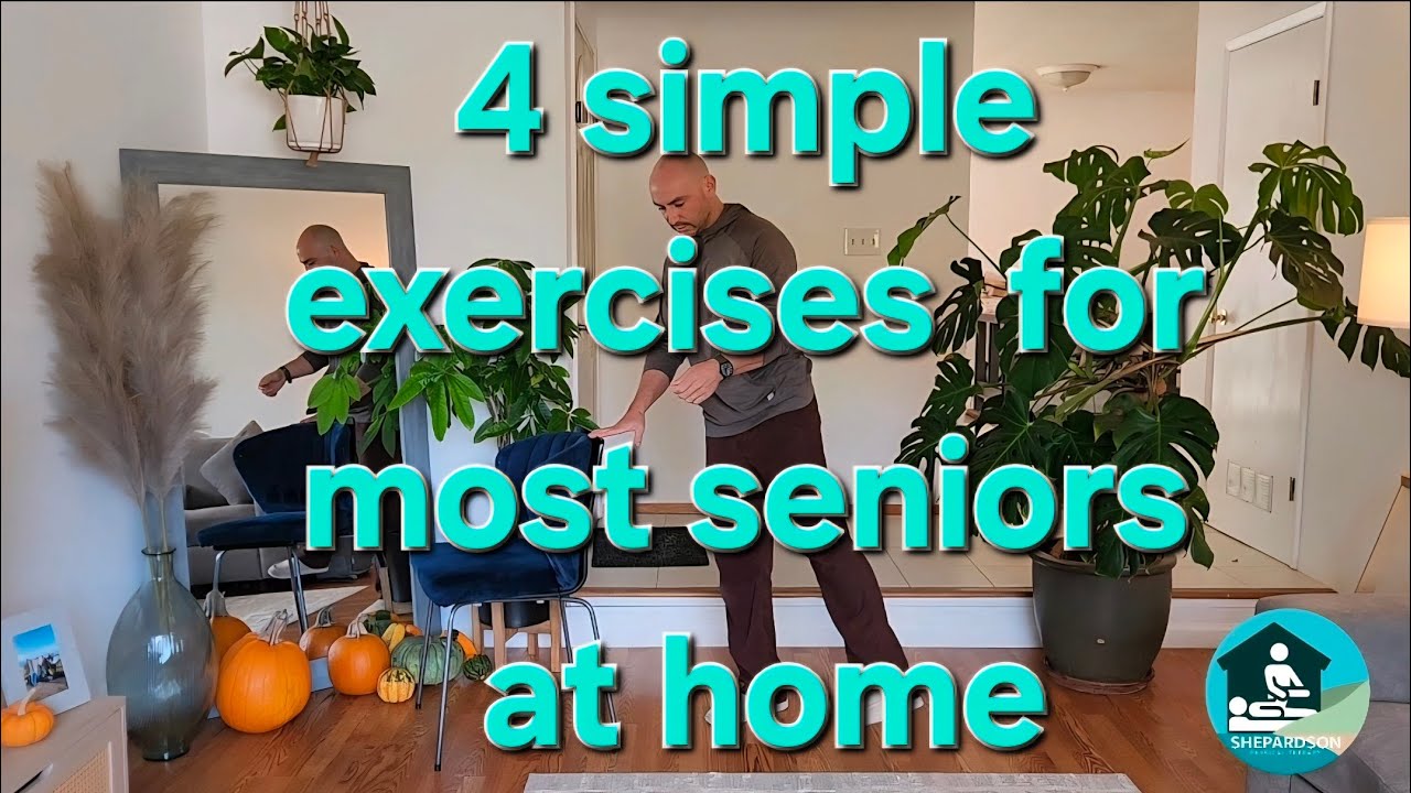 Four simple exercises for seniors at home. Improve strength, balance and coordination.