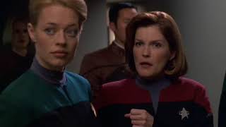 'Alright, let's just get started before my headache gets any worse.'  Captain Janeway