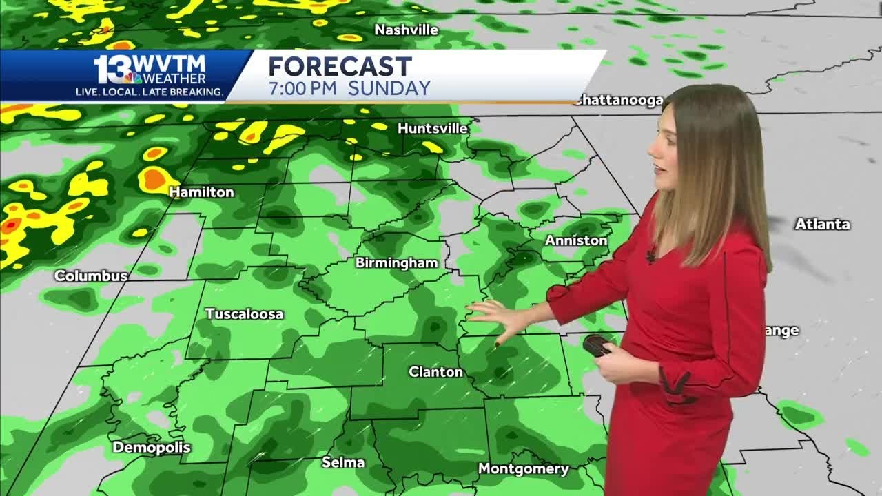 Alabama's weather forecast turns milder with rain arriving Sunday. A few waves of showers, storms...