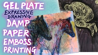 Gel plate print  damp paper drawing emboss