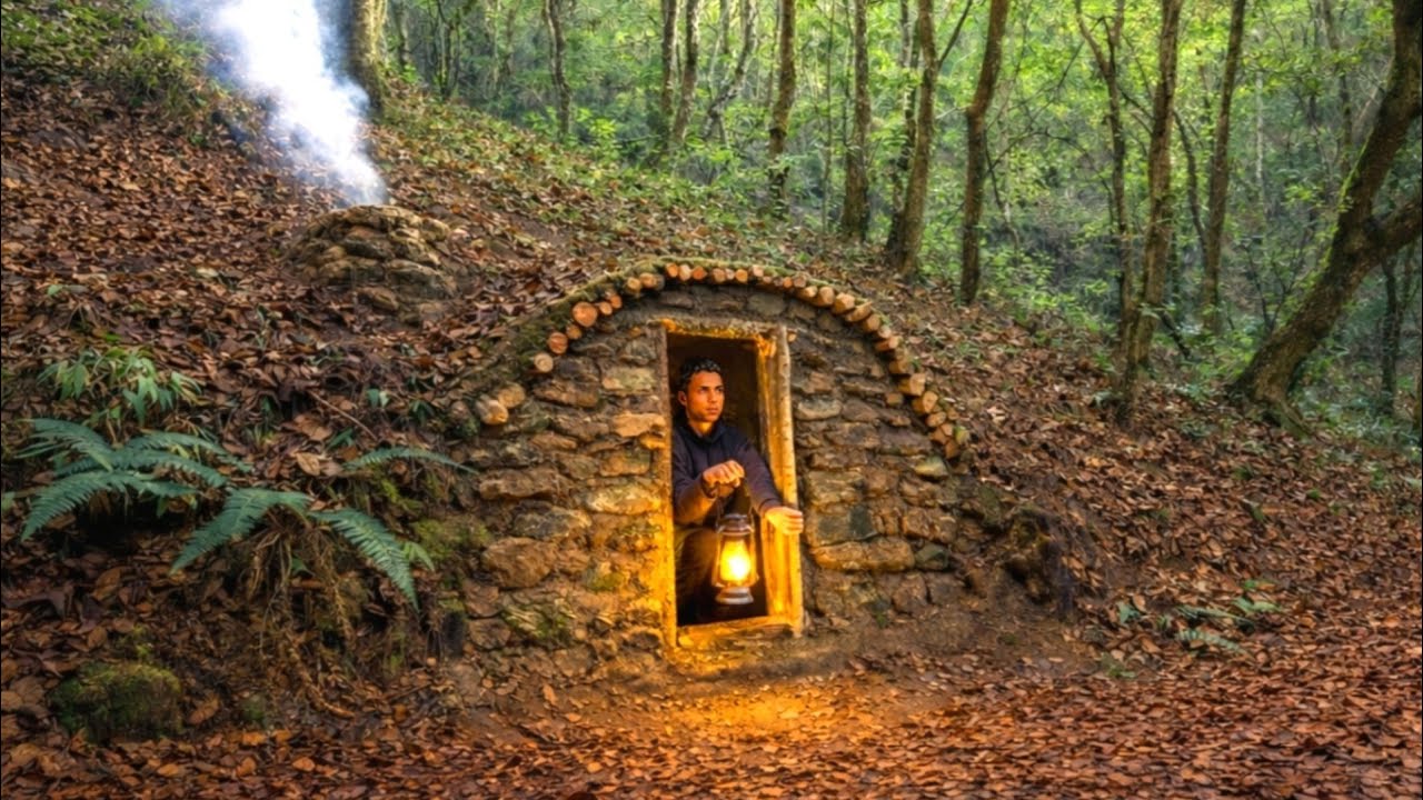 Heavy Stone cave shelter, Building a Secret bushcraft bunker, hidden Dugout, Survival