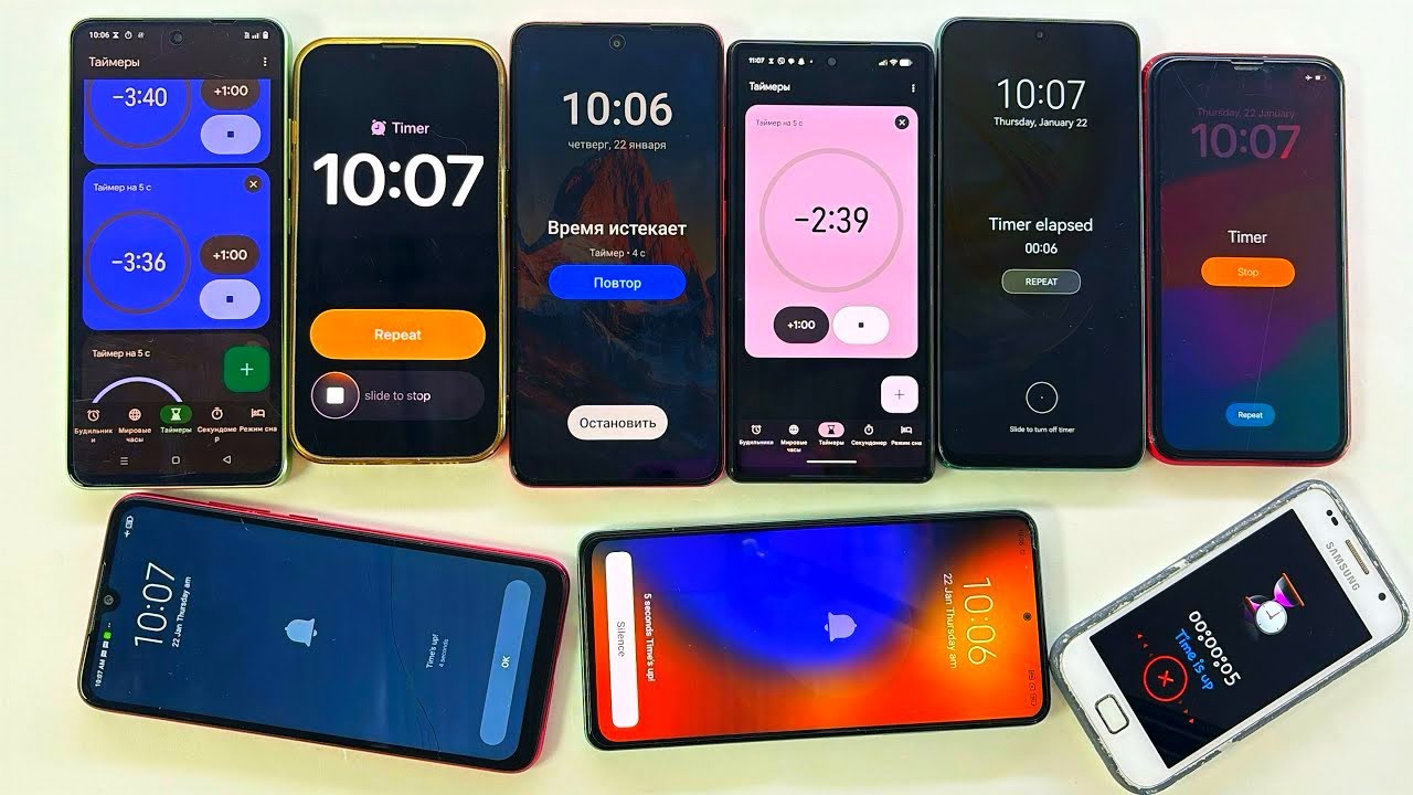 Xiaomi Redmi N7, Redmi N11, Google Pixel 6, Realme, Samsung S Plus, iPhone 13 Pro, iPhone XR Timer 