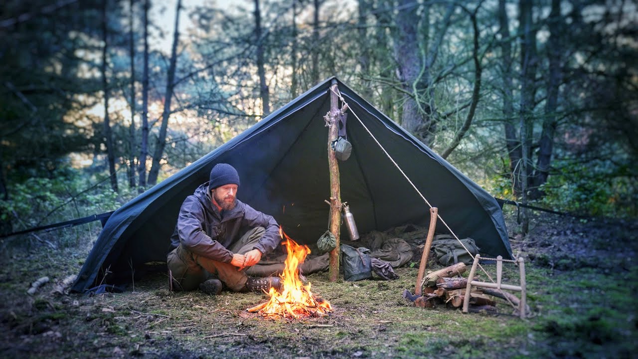 24H Bushcraft Solo Overnight - making bucksaw, traditional gear, canvas lavvu tent, iron pan | 4K