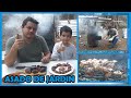 Carnes asadas. Espaldilla de cordero, brochetas de cerdo y steak de atún en horno de tambor