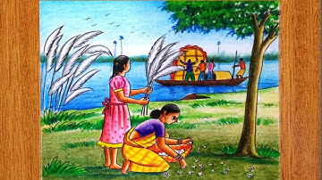 How to draw durga puja scenery /Autumn scenery drawing /saratkal drawing colour