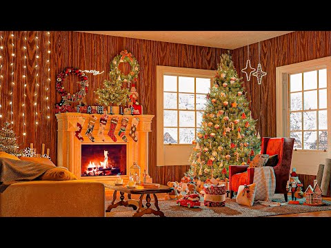 Cozy Christmas Fireplace Space With Outdoor Snowfall, Smooth Christmas Jazz and Snowfall
