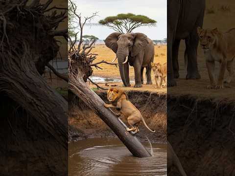 Hero Elephant Saves A Deadly Drowns lion! #humanity #animals #lion #elephant #friendship