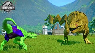 Hulk Indoraptor vs The Flash Acrocanthosaurus, Trex Pikachu Jurassic World Evolution Dinosaurs Fight