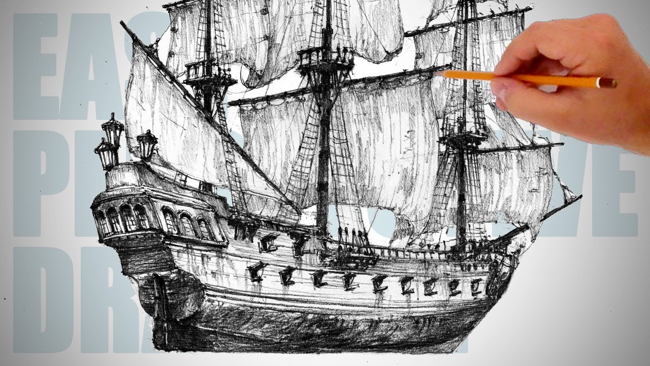 How to draw pirate sailing ship (Black Pearl) - Easy Perspective