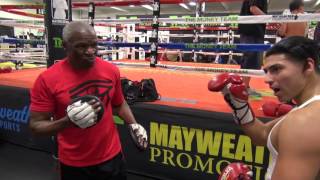 Floyd Mayweather Sr. padwork with actor Aldo Uribe