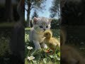 Tiny kitten meets baby duckling 🐾🦆