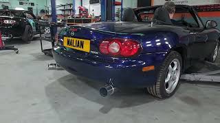 Mazda MX5/Miata Mk2/Mk2.5 Dual 4″ JDM Cannon Resonated, EL Manifold Malian Exhaust, Revs & Flames