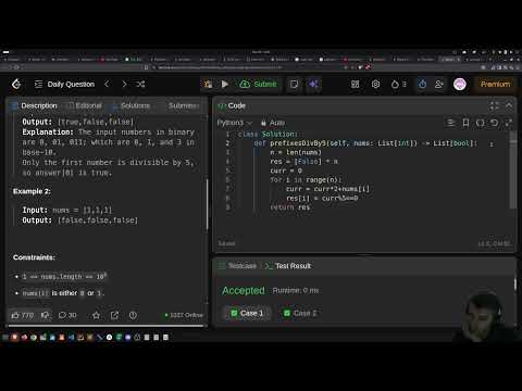 Solving Leetcode Daily 1018. Binary Prefix Divisible By 5 in Python
