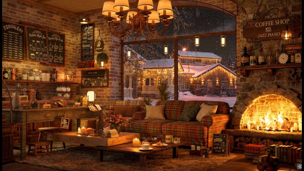 Cozy Winter Coffee Shop Ambience | Relaxing Jazz Music & Fireplace Sounds for Study and Work