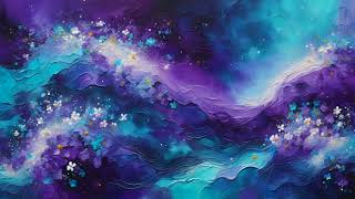 4K Textured Oil Painting  | TV Art Decor |  Purple and Turquoise Waves and White Flowers